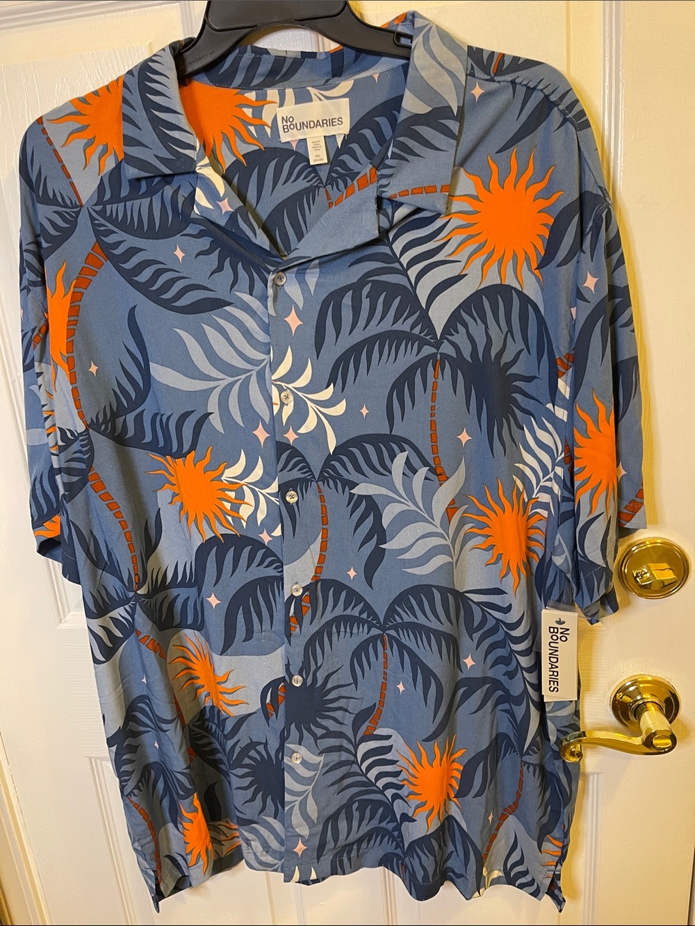 No Boundaries Blue Short-Sleeve Tropical Print Shirt with Orange Accents
